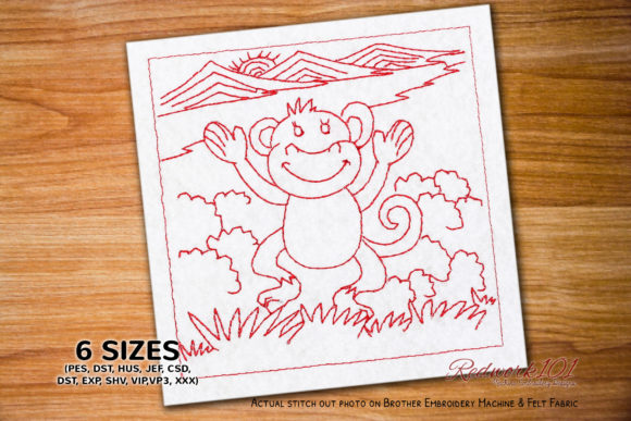 Baby Monkey Dancing Redwork: A Playful Embroidery
