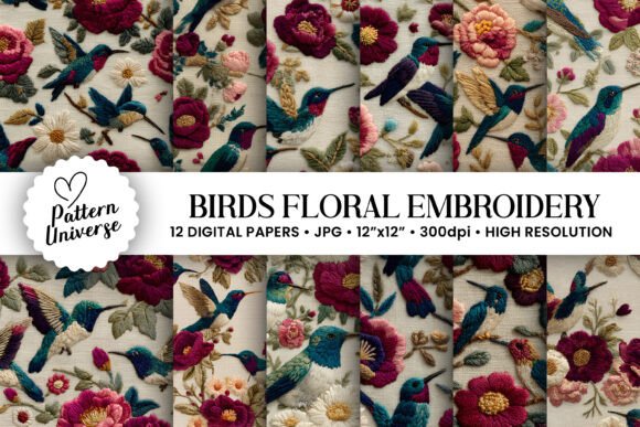 Birds Floral Embroidery Digital Papers Review