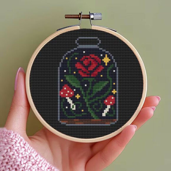 Rose in Magic Jar: A Mystical Embroidery Gem